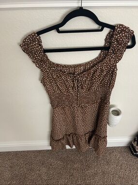 Brown Ditsy Print Smocked Women's Top